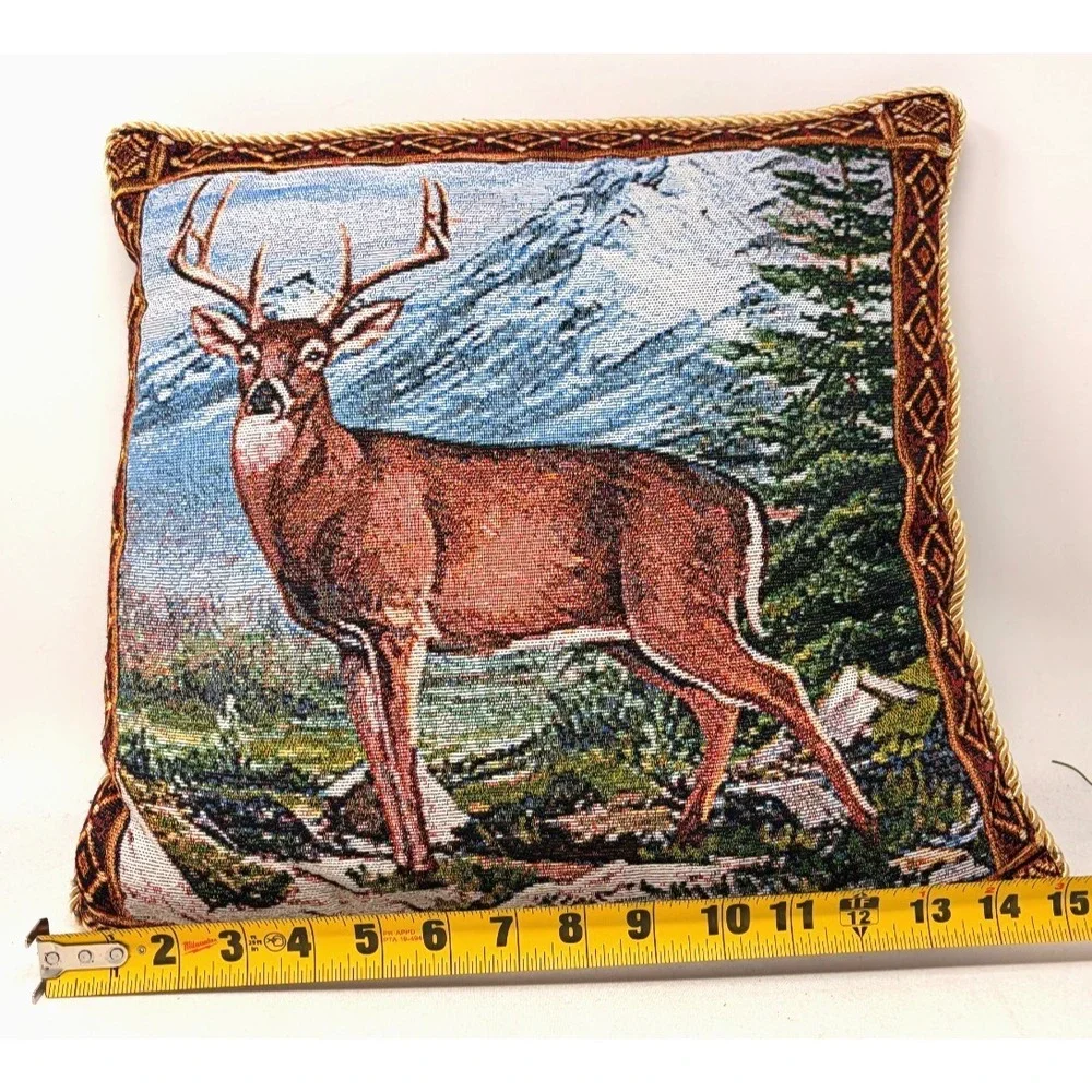 VTG Wildlife Deer Bear Tapestry Throw Pillows 15x15 Pair Cabin Lodge Decor